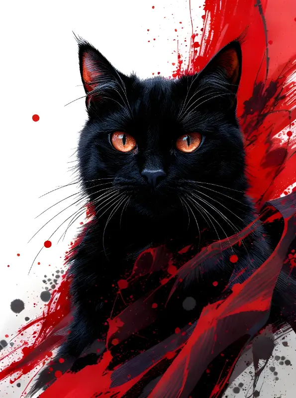 Realistic Black Cat with Red Splatters: Dramatic Abstract Art