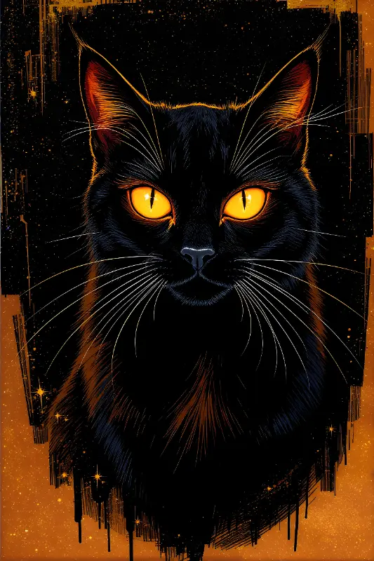Illustrative Dark Art Black Cat Illustration with Glowing Eyes