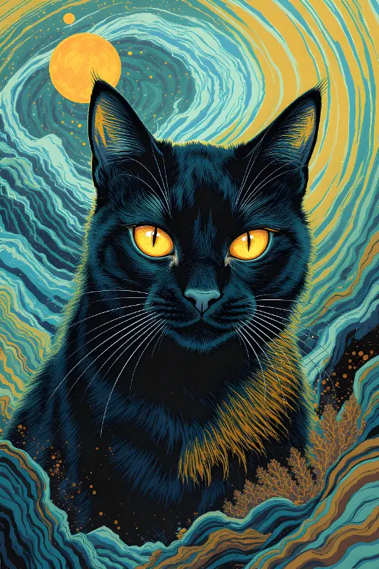 Mystical Van Gogh Style Black Cat Art Print with Swirling Moon