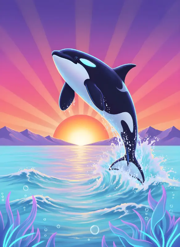 Jumping Orca Vibrant Cartoon Sunset Ocean Illustration for Kids