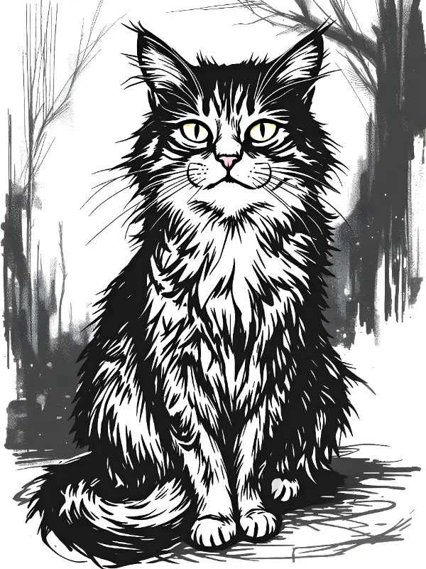 Black and White Ink Drawing Fluffy Cat Illustration for Art Lovers