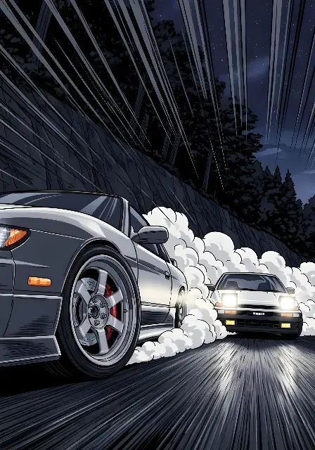 Anime Drifting Cars: Intense Night Race Artwork for Enthusiasts - traditional - width: 3584px, height: 5120px