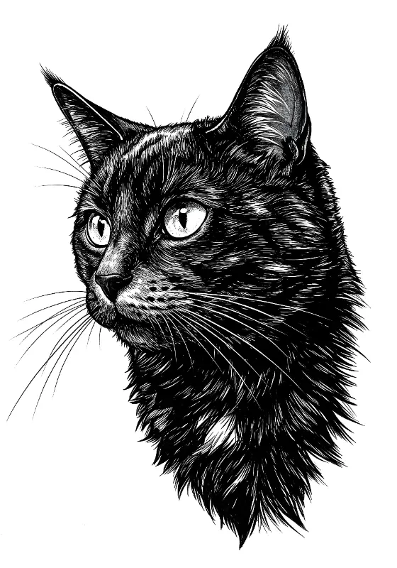 Engraved Cat Head Bust Illustration, High Contrast Elegant Design
