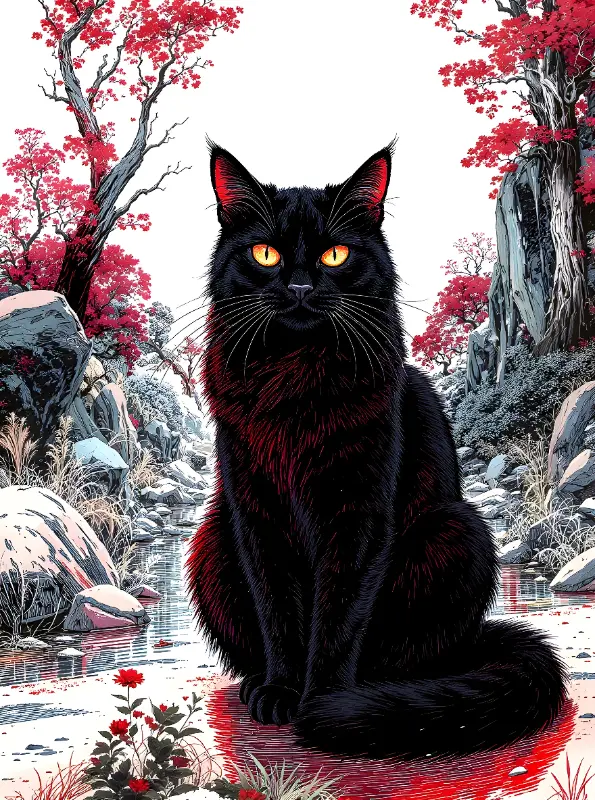 Japanese Illustrative Black Cat in Snowy Red Leaf Landscape Art Print