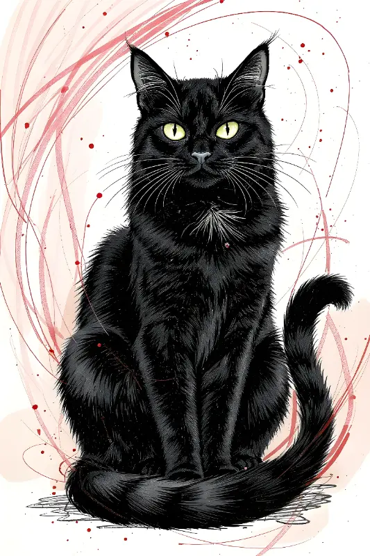 Realistic Black Cat Illustration with Yellow Eyes Art Print