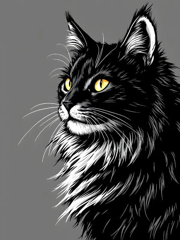 High Contrast Graphic Black Cat Portrait with Yellow Eyes