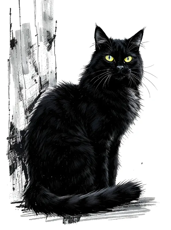 Illustrative Black Cat Art Print with Mysterious Yellow-Green Eyes
