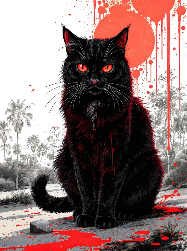 Graphic Novel Street Art Black Cat Art with Red Splatters