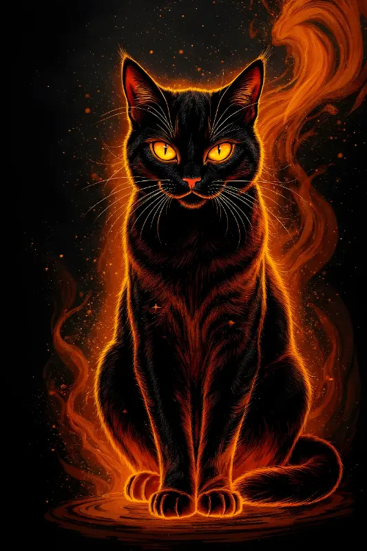 Dark Fantasy Black Cat with Glowing Fiery Aura Illustration
