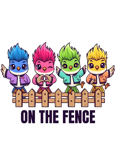 Cute Cartoon Rockabilly Birds on Fence Illustration - traditional - width: 3584px, height: 5120px