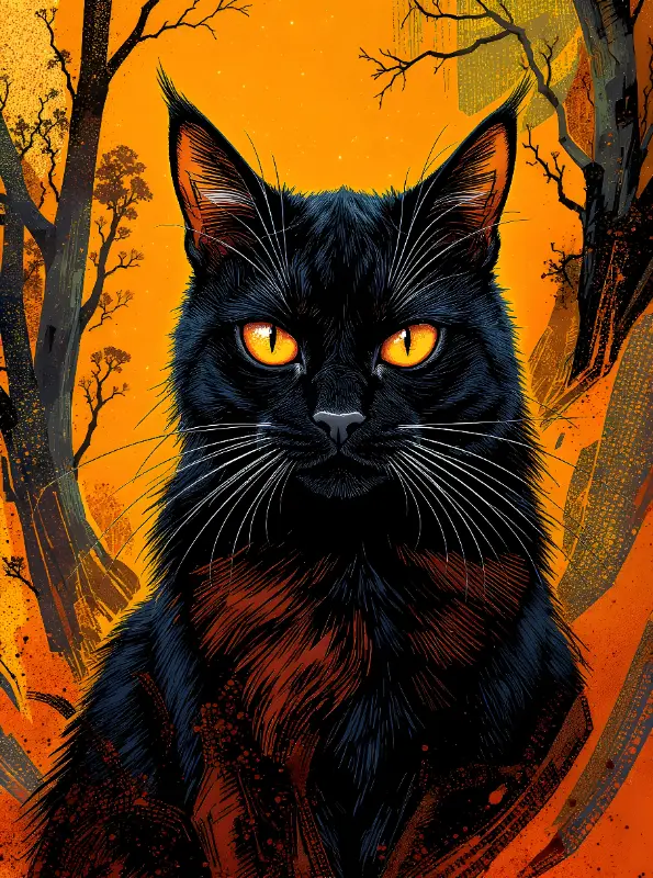 Grunge Distressed Black Cat Illustration with Glowing Yellow Eyes for Halloween