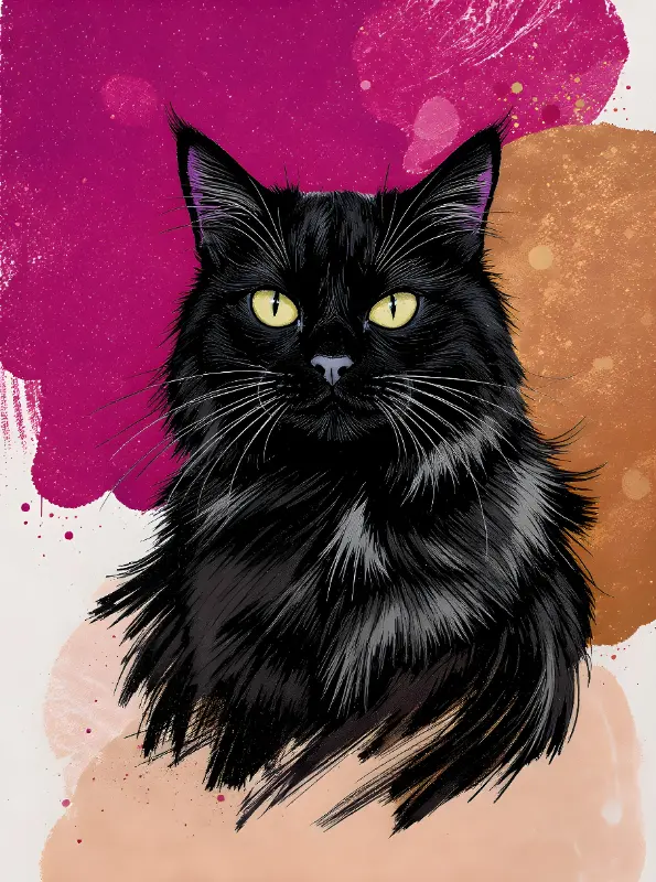 Realistic Digital Painting Black Cat Portrait, Vibrant Abstract