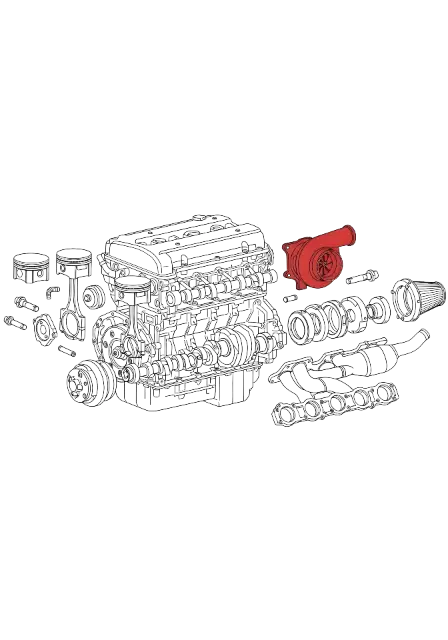 Technical Illustration Exploded Engine Diagram with Red Turbocharger - traditional - width: 2688px, height: 3840px