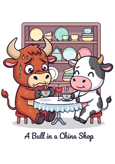Cute Cartoon Bull and Cow Tea Party in China Shop Illustration - traditional - width: 3584px, height: 5120px