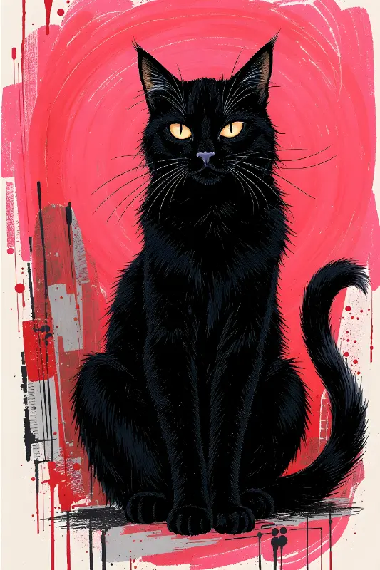 Urban Grunge Black Cat Illustration with Vibrant Red Background