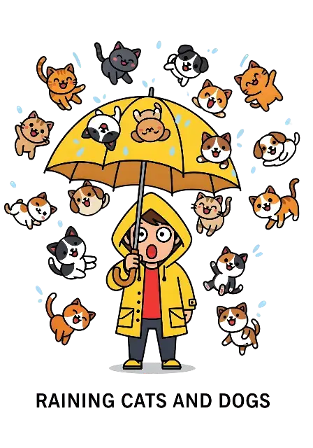 Cartoon Kawaii Raining Cats and Dogs Humorous Illustration - traditional - width: 3584px, height: 5120px