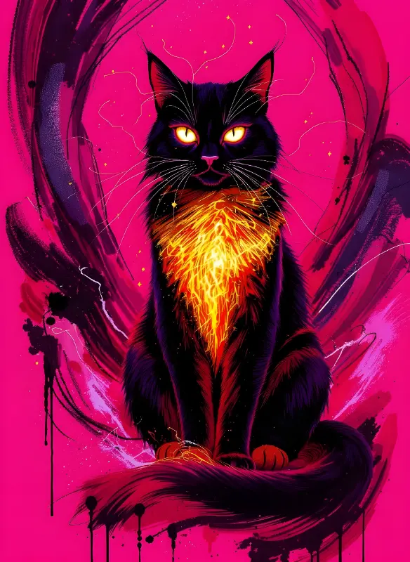 Vibrant Fantasy Black Cat Glowing Chest Art Print