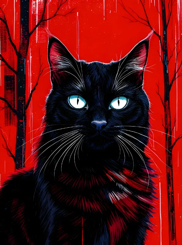 Graphic Novel Black Cat Portrait Graphic with Glowing Blue Eyes