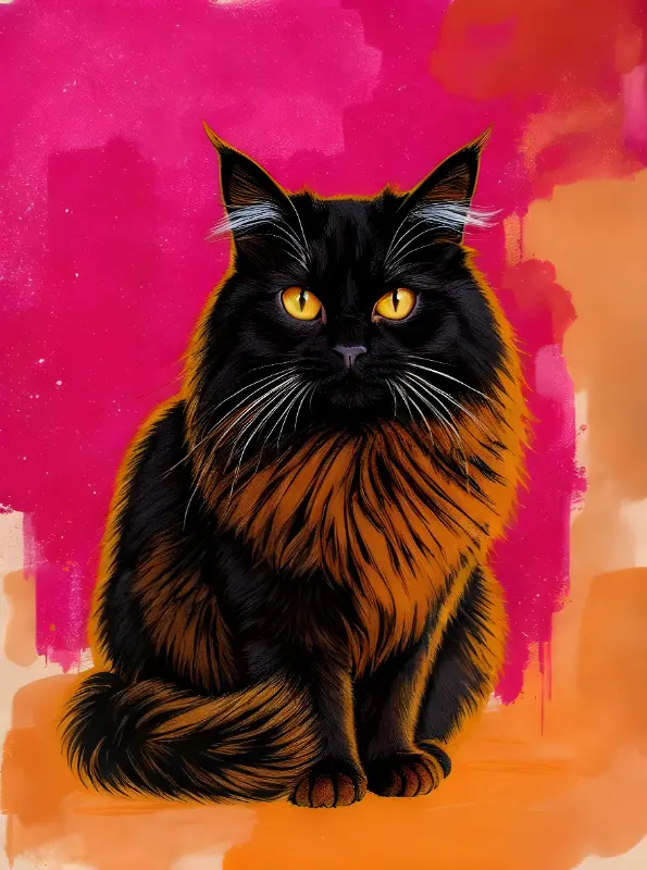 Pop Art Long-haired Black Cat Vibrant Pink Orange Design