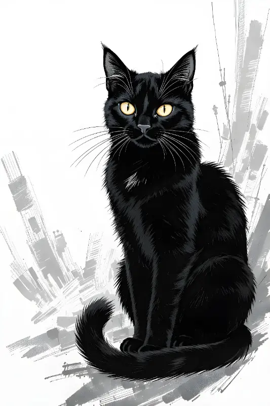 Graphic Novel Realistic Black Cat with Yellow Eyes