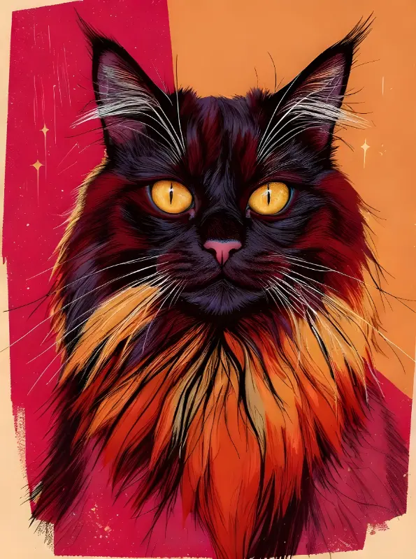 Pop Art Graphic Long-haired Cat Portrait with Yellow Eyes