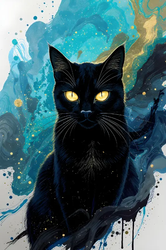 Mysterious Contemporary Abstract Yellow Eyed Black Cat Art Print