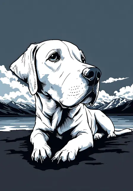Graphic Art of a Labrador by a Mountain Lake