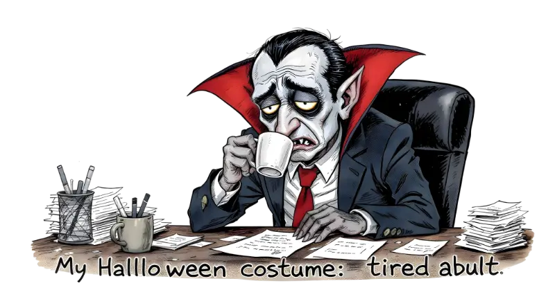 Tired Adult Halloween Costume: Comic Vampire Office Worker Sticker