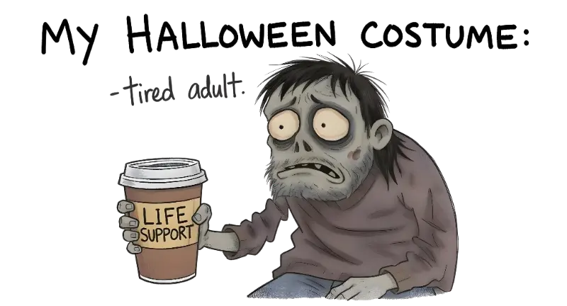 Cartoon Tired Adult Halloween Costume Graphic Relatable Coffee
