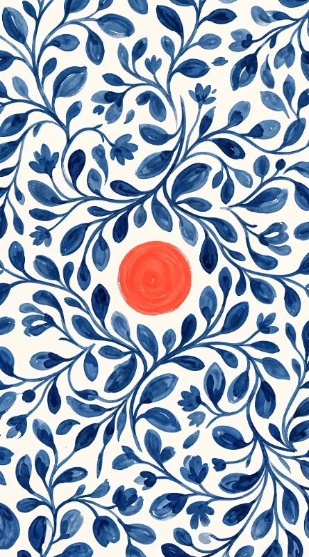 Watercolor Blue Botanical with Orange Sun Circle