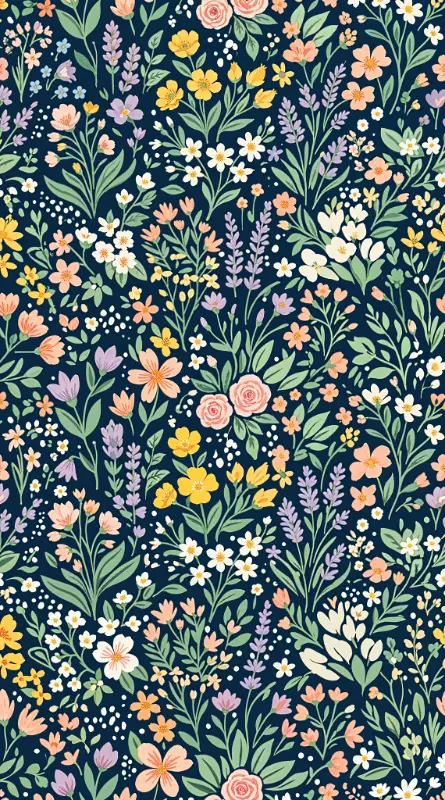 Dark Hand-drawn Whimsical Floral Sprigs Botanical Pattern