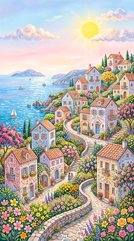 Watercolor Terraced Village by the Sea with Flowers