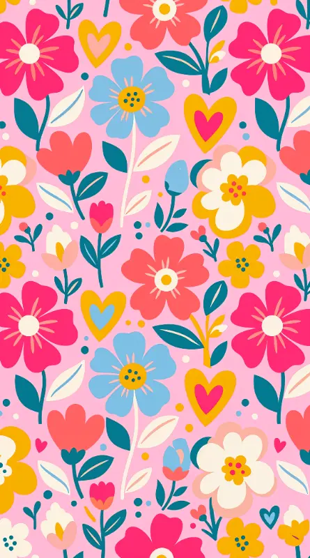 Whimsical Flat Design Floral and Heart Repeating Pattern