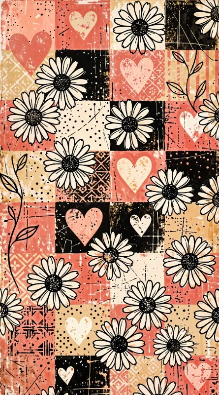 Vintage Boho Hand-drawn Distressed Daisy Heart Patchwork