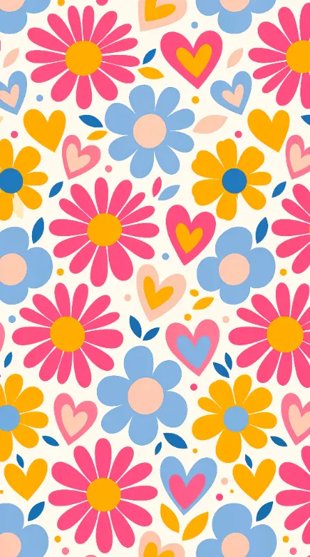 Playful Retro Stylized Flowers and Hearts Seamless Pattern
