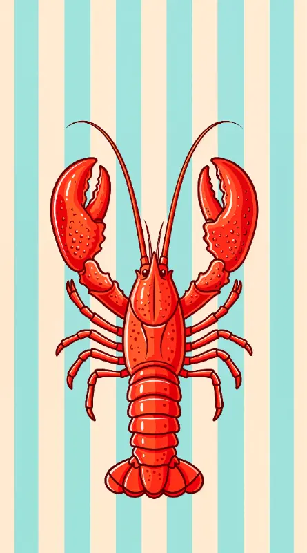 Cartoon Symmetrical Red Lobster on Nautical Stripes