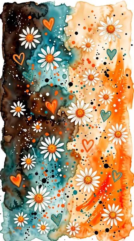 Abstract Watercolor Orange Teal Daisy and Heart Splatter