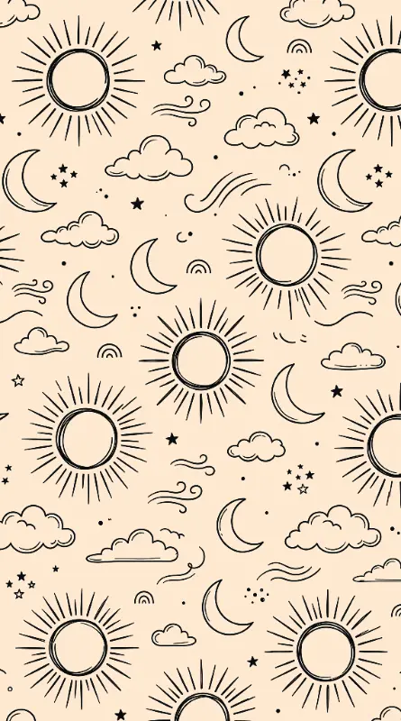 Whimsical Line Art Sun Moon Cloud Repeating Pattern