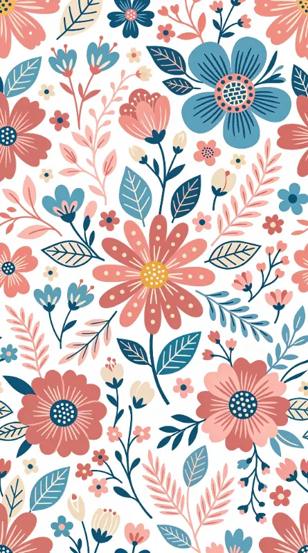 Playful Vector Floral Pattern with Stylized Blooms and Dots