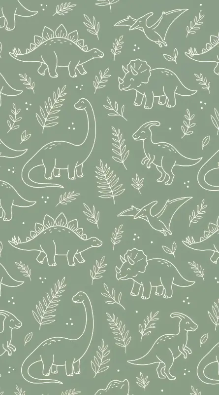 Minimalist Cute Dinosaur and Fern Outline Line Art