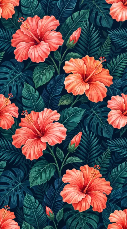 Coral Hibiscus Tropical Leaves Stylized Botanical Pattern