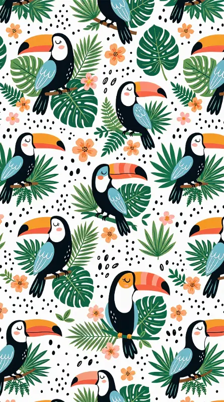 Playful Cartoon Toucans and Tropical Leaves Pattern