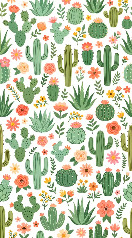 Whimsical Hand-drawn Cactus and Succulent Floral Pattern