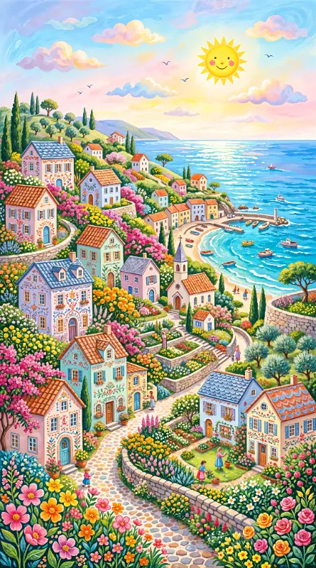 Whimsical Coastal Village with Colorful Houses and Smiling Sun