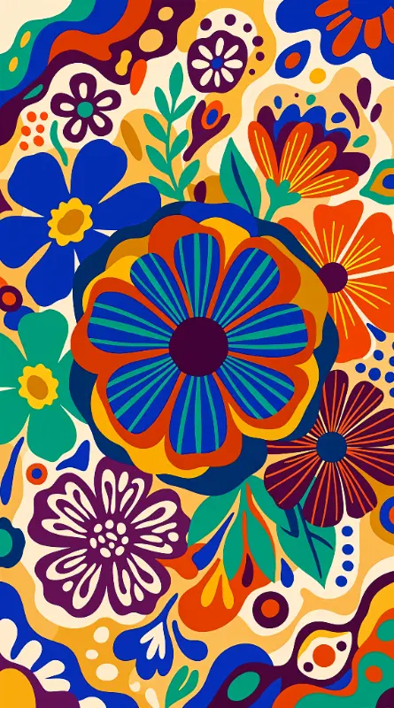 Retro Psychedelic Abstract Floral Pattern with Vibrant Organic Shapes and Flat Color Fields