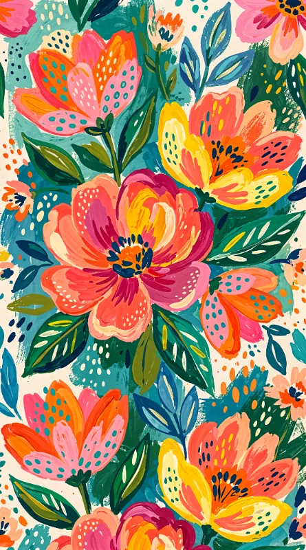 Bright Vibrant Hand-Painted Abstract Floral Dotted Artwork