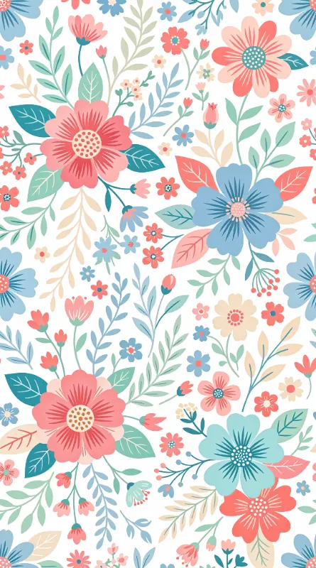 Illustrative Stylized Dense Coral Pink Blue Floral Pattern