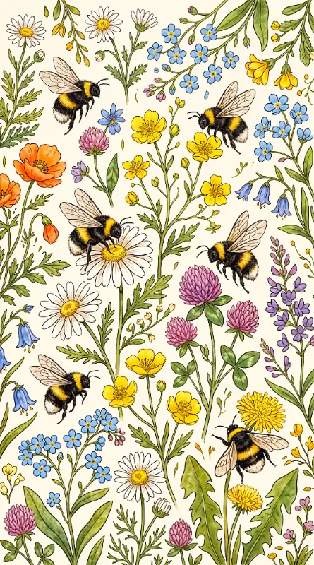 Vibrant Botanical Illustration of Bumblebees and Wildflowers