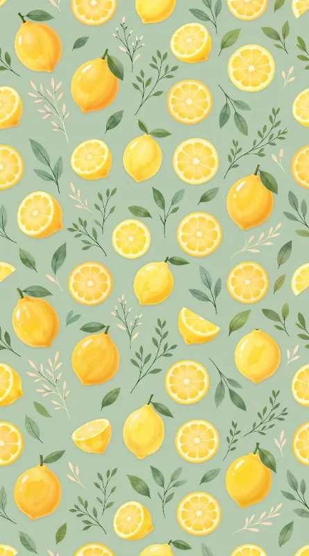 Seamless Watercolor Lemon Fruit and Green Botanical Pattern