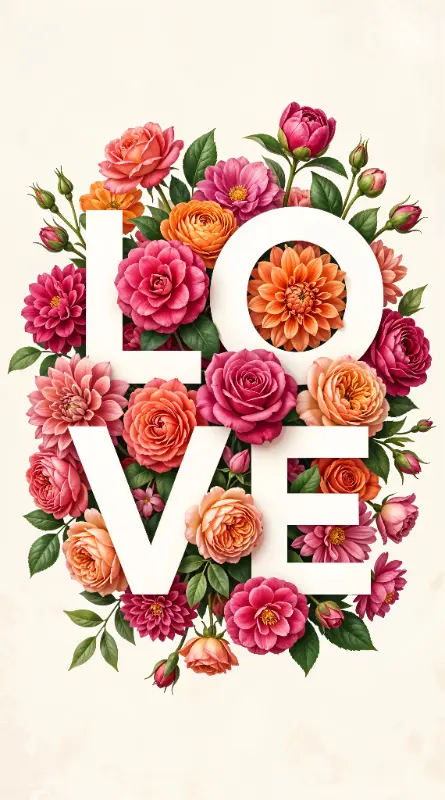 Dense Realistic Floral LOVE Word with Pink and Orange Flowers